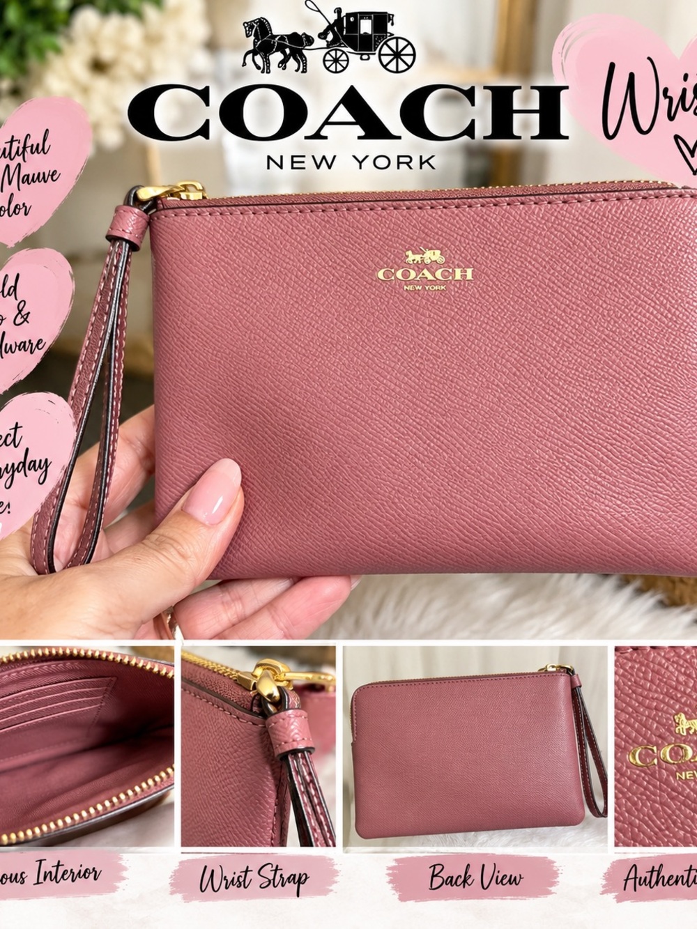 Coach Mauve Leather Wristlet Clutch with Gold Hardware